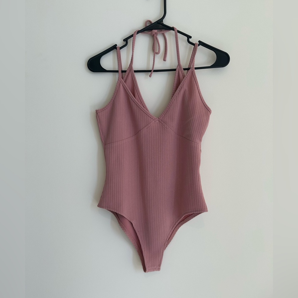 Pink Ribbed Bodysuit Halter and spaghetti strap Size S Small